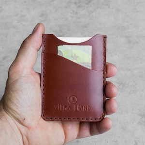 Handgestikte lederen minimalistische portemonnee-kaarten, contant - cognac