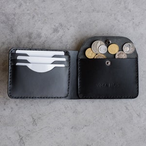 Hand gestikt lederen bifold portemonnee munten, contant geld, kaarten - zwart