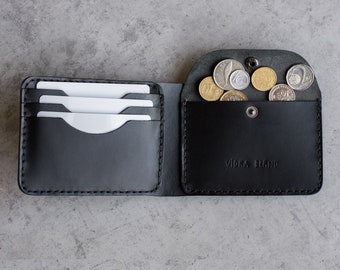 Monedero plegable de cuero cosido a mano Monedas, efectivo, tarjetas - Negro