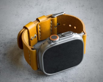 Handgemaakte leren horlogeband voor Apple Watch Ultra-band, band iWatch ULTRA - mosterd