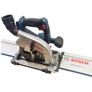 Könnte beinhalten: Eine Bosch FSM 800 Professional Schienen-Säge mit einem blau-schwarzen Elektrowerkzeug und einer silbernen Führungsschiene. Die Säge verfügt über einen Staubabsauganschluss und einen Sägeblattschutz.