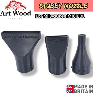 May include: Three black stubby nozzles for Milwaukee M18 BBL, with the text "Art Wood Lincoln" on two of them. The nozzles are different shapes and sizes. The text "Stubby Nozzle" is at the top.