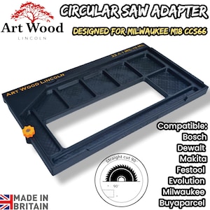 May include: A black rectangular circular saw adapter featuring the text Art Wood Lincoln and 33.4 I MIL TO MIL. The adapter includes an orange adjustment knob and a central rectangular cutout. A circular graphic shows a 90-degree straight cut icon.