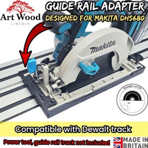 May include: A black guide rail adapter for a Makita DHS680 circular saw, featuring a blue adjustment lever and a scale for angle settings. The adapter is mounted on a metal track and includes text labels indicating compatibility with Dewalt tracks.
