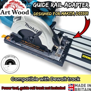 May include: A black plastic guide rail adapter for a Makita DSS501 circular saw, featuring a silver metal base and adjustment knobs. The adapter is mounted on a silver metal track and includes text labels such as Guide Rail Adapter and Compatible with Dewalt track.