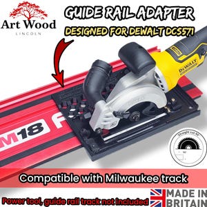 May include: A black guide rail adapter for a DeWalt DCS571 power tool, featuring a honeycomb pattern. The adapter is mounted on a red Milwaukee track. Text includes GUIDE RAIL ADAPTER, DESIGNED FOR DEWALT DCS571, and Compatible with Milwaukee track.