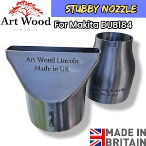 Op de afbeelding: Twee zwarte plastic stubby nozzles voor Makita DUB184, met de tekst "Art Wood Lincoln Made in UK" op elk. De nozzles zijn ontworpen voor gebruik met een Makita DUB184 tool. De afbeelding bevat ook de tekst "MADE IN BRITAIN".