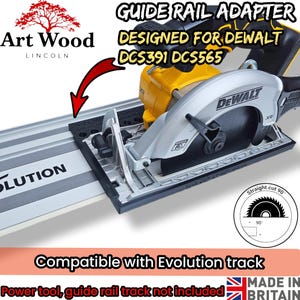 May include: A black guide rail adapter for a DeWalt circular saw, model DCS391 or DCS565, designed for use with an Evolution track. The image includes text stating Guide Rail Adapter, Designed for DeWalt DCS391 DCS565, and Compatible with Evolution track, along with a circular icon showing a 90-degree straight cut.