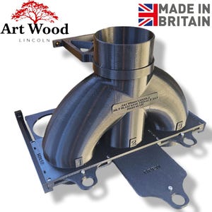 Puede incluir: Una compuerta de chorro negra de 3 vías con el texto "Art Wood Lincoln" y "Made in Britain". La compuerta tiene una parte superior cilíndrica, dos tubos curvos y una base rectangular con los números 1, 2 y 3. La palabra "OPEN" es visible.