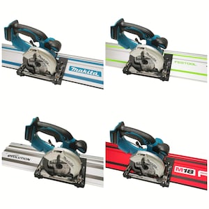Puede incluir: Cuatro marcas diferentes de sierras de riel, cada una con una sierra circular Makita azul y negra unida a un riel. Los rieles están etiquetados como "Makita", "Festool", "Evolution" y "M18 F".