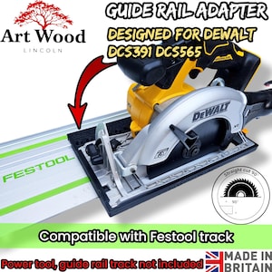 May include: A black guide rail adapter for DeWalt DCS391 and DCS565 power tools, designed for compatibility with Festool tracks. The image includes text labels, a red arrow, and a circular icon indicating a 90-degree straight cut capability.