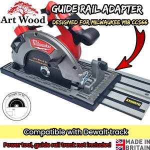May include: A black guide rail adapter for a Milwaukee M18 CCS66 circular saw, designed for compatibility with a DeWalt track. The adapter features a black base, a red and gray saw body, and a circular graphic indicating a 90-degree straight cut.