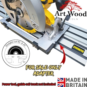Può includere: Primo piano di una lama per sega circolare gialla e argentata con una guida. Il testo "FOR SALE ONLY ADAPTER" è visibile. La sega è etichettata "DEWALT" e "MADE IN BRITAIN".