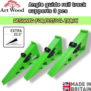 Könnte beinhalten: Drei hellgrüne Winkel-Führungsbahnträger mit schwarzen Einstellknöpfen. Der Text auf dem Bild lautet "Angle guide rail track supports 3 pcs" und "DESIGNED FOR FESTOOL TRACK". Das Bild enthält auch den Text "EXTRA 22,5°".