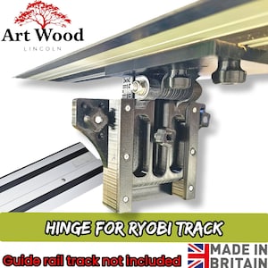 May include: A black and silver hinge for a Ryobi track, with the text "HINGE FOR RYOBI TRACK" and "Guide rail track not included". Made in Britain. The Art Wood Lincoln logo is in the upper left corner. Measurements are in mm.