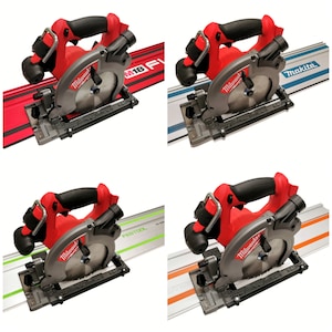 May include: Four red and black circular saws with different track saw systems. The saws are all Milwaukee brand and have a black blade. The track saw systems are from Festool, Makita, and two other brands.