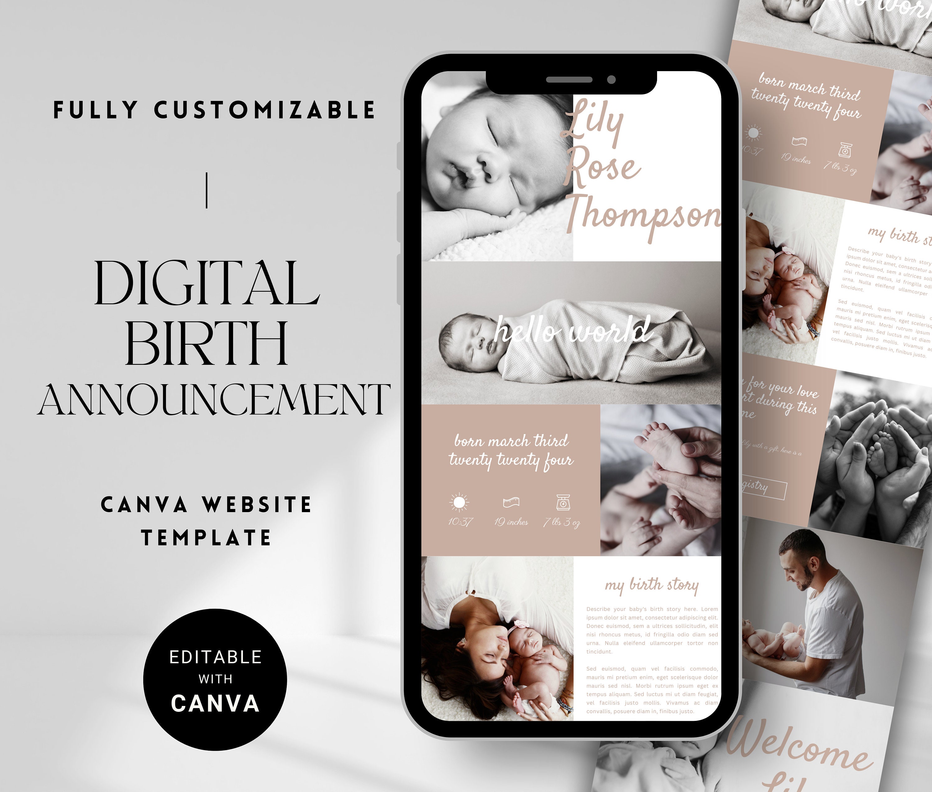 Digital Birth Announcement Template Fully Customizable in Canva Baby Birth  Stats Website - Etsy, image size:3000x2550