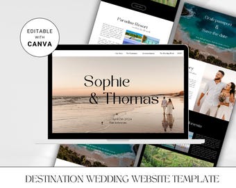 エレガントなデスティネーション ウェディング Canva ウェブサイト テンプレート | デジタル招待状 | ウェディング パスポート | ウェディング イベントのタイムライン | オンライン RSVP