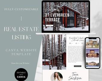 May include: A Canva website template for real estate listings. The template features a snowy winter scene with a cabin in the background. The text "Welcome to 37 Evergreen Terrace" is displayed at the top of the page. The template is fully customizable and editable with Canva.