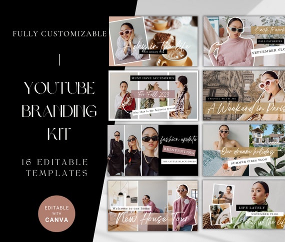YouTube Branding Kit Canva Templates Editable Banners Intro Outro Video Thumbnails Aesthetic Vlogging Lifestyle Influencer Reel Cover