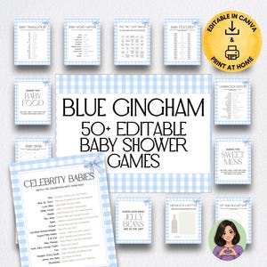Può includere: Una collezione di carte da gioco stampabili per baby shower con bordo a quadretti vichy blu e testo nero. I titoli includono Baby Translation, Word Match, Bingo, Baby Features, Character Match, Sweet Mess, Celebrity Babies e Jelly Beans.