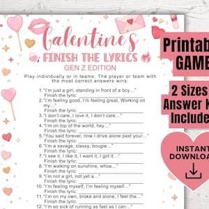 以下が含まれることがあります： 「Calentine's Finish the Lyrics Gen Z Edition」というタイトルの、印刷可能なバレンタインデーゲーム。ゲームは、ハート、唇、その他のバレンタインデーをテーマにしたグラフィックを備えたピンクと白のデザインです。ゲームには、指示と歌詞が含まれています。