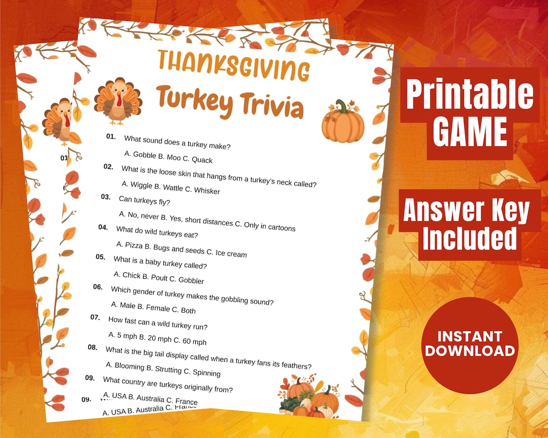 Turkey Trivia Game, Thanksgiving Party Game, Fall Trivia Game, Family ...