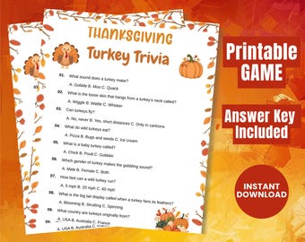 Peut inclure: Jeu de trivia de la dinde de Thanksgiving imprimable avec une illustration de dinde et de citrouille. Le jeu comprend des questions sur les dindes et les réponses. Les mots "Jeu imprimable", "Clé de réponse incluse" et "Téléchargement instantané" sont également visibles.
