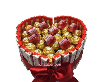 Gâteau de bonbons Kinder, forme coeur, Idée cadeau St Valentin. Fabriqué en France, Livraison gratuite