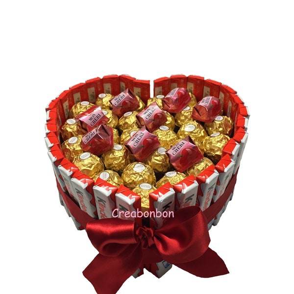 Gâteau de bonbons Kinder, forme coeur, Idée cadeau St Valentin. Fabriqué en France, Livraison gratuite
