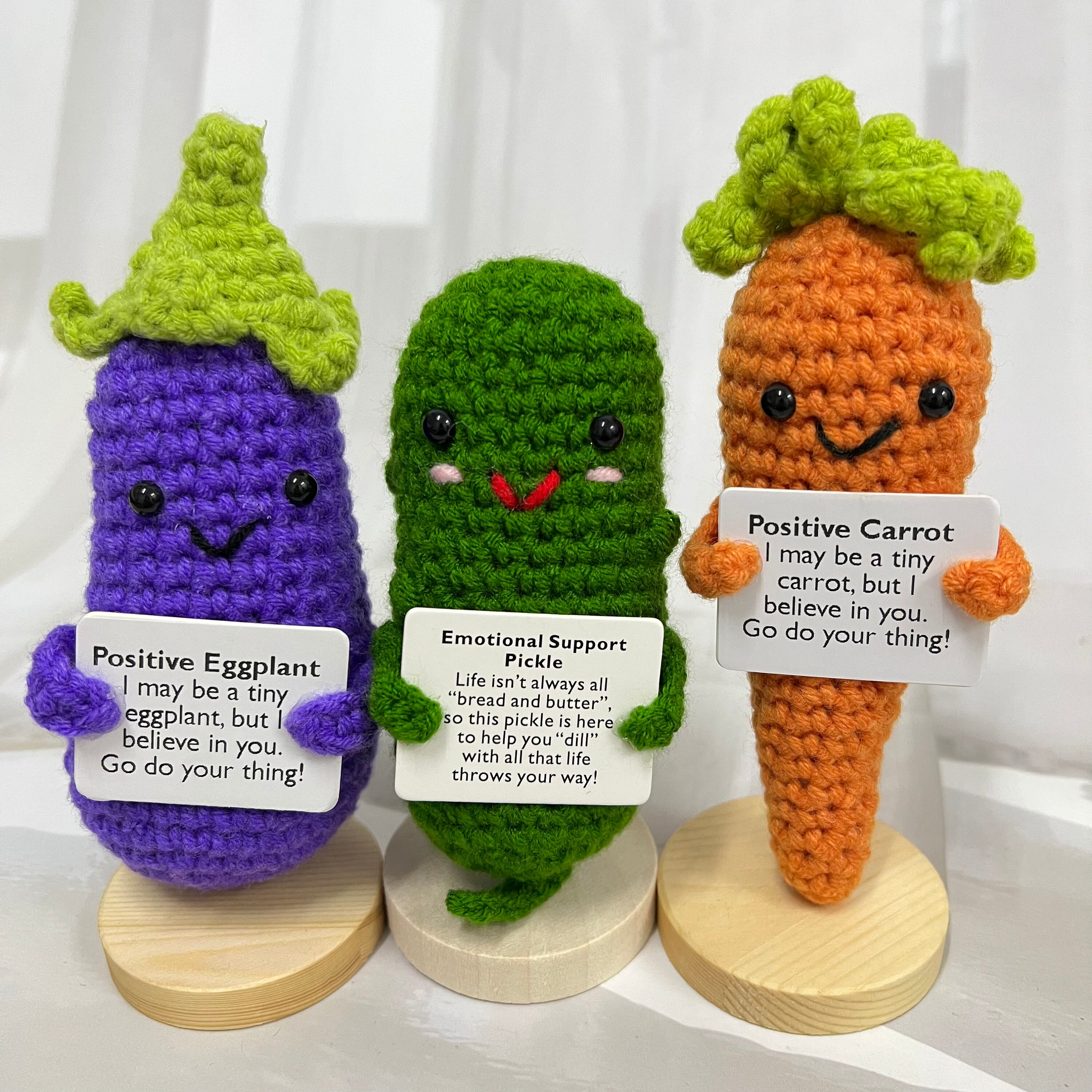Crochet Emotional Support Pickle, Positive Eggplant and Caring Carrot ,desk  Accessory,christmas Gift,handmade Knitted Healthy Vegetable Set 