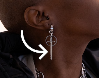 Knights of Cydonia sword charm earrings, sword and oring earrings, stainless steel sword pendant earrings