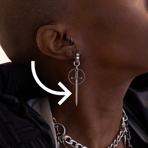 Knights of Cydonia sword charm earrings, sword and oring earrings, stainless steel sword pendant earrings