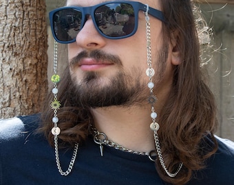 Lonely on the Moon - Moonstone Glasses Chain: Stainless Steel Star & Moon Charms