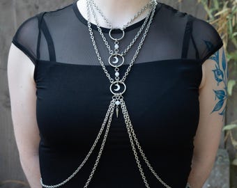 Daylight - Made to Measure Moonstone Body Chain: Stainless Steel Harness with Moon Charms