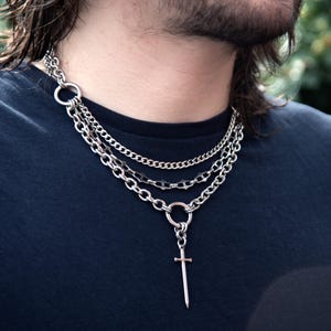 By The Sword - made to measure stainless steel layered multi chain necklace with sword charm