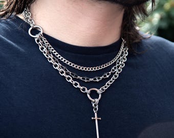 By The Sword - made to measure stainless steel layered multi chain necklace with sword charm