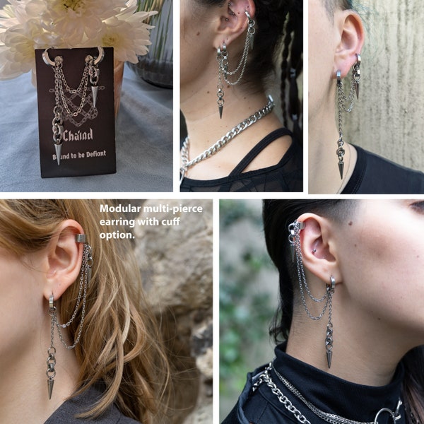 Zombie Multi-way two piercing earring with cuff, grunge spike earrings, modular chain design earring, helix and conch earring