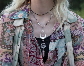 Won't Settle - Rose Quartz & Stainless Steel Lotus Necklace: Whimsical Moon Star Charm