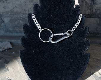 Break on through industrial o-ring choker necklace, carabiner clasp choker, stainless steel large o-ring necklace