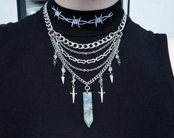 Greenback v2 - made to measure whimsical stainless steel and natural labradorite crystal layered necklace with dagger charms