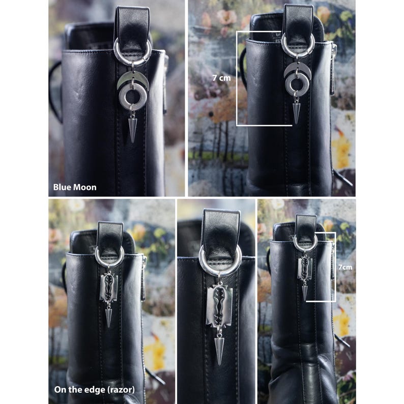 K&ouml;nnte beinhalten: Schwarze Lederstiefel mit silberfarbenen Anh&auml;ngern. Die Anh&auml;nger zeigen einen Halbmond, einen Kreis und einen dolchartigen Anh&auml;nger. Der Text "Blue Moon" und "On the edge (razor)" sind sichtbar. Die Anh&auml;nger sind etwa 7 cm lang.