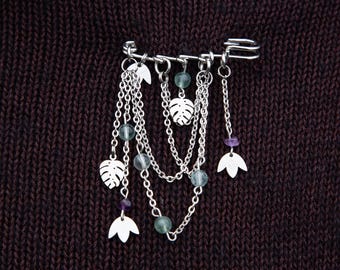 Summertime - Floral fluorite and amethyst safety pin brooch