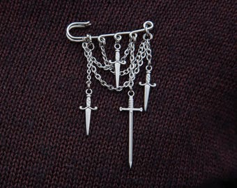Saviour - Dagger and sword charm chain safety pin brooch