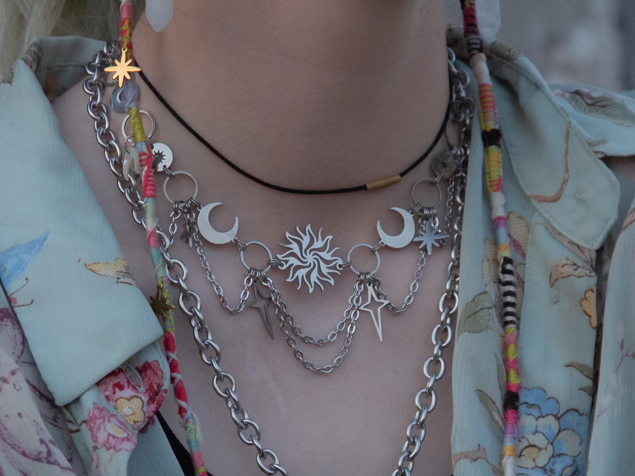 Midnight Angel - Stainless Steel Star & Moon Tiered Choker 