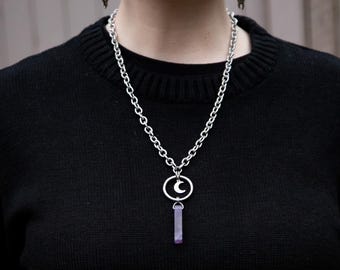 Tender is the Night - Amethyst Crystal Long Necklace: Stainless Steel Moon Charm, Made to Measure