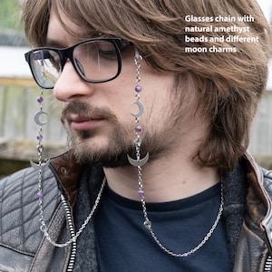 Whimsical witchygoth natural amethyst crystal and crescent moon charm glasses chain