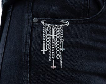 Sabbath - Upside down cross goth safety pin brooch