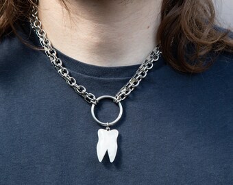 Cause for Alarm - Asymmetric Stainless Steel Punk Necklace: White Quartz Tooth Charm