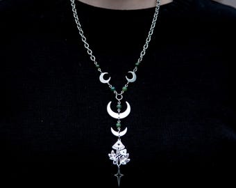 Wonderland - Moss Agate Mushroom Necklace: Stainless Steel Moon Charms, Made to Measure